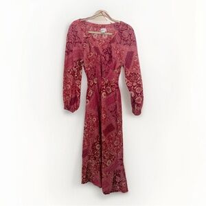 Japna M Boho Maxi Dress Pink Floral Paisley Smocked Waist Long Sleeve Pockets